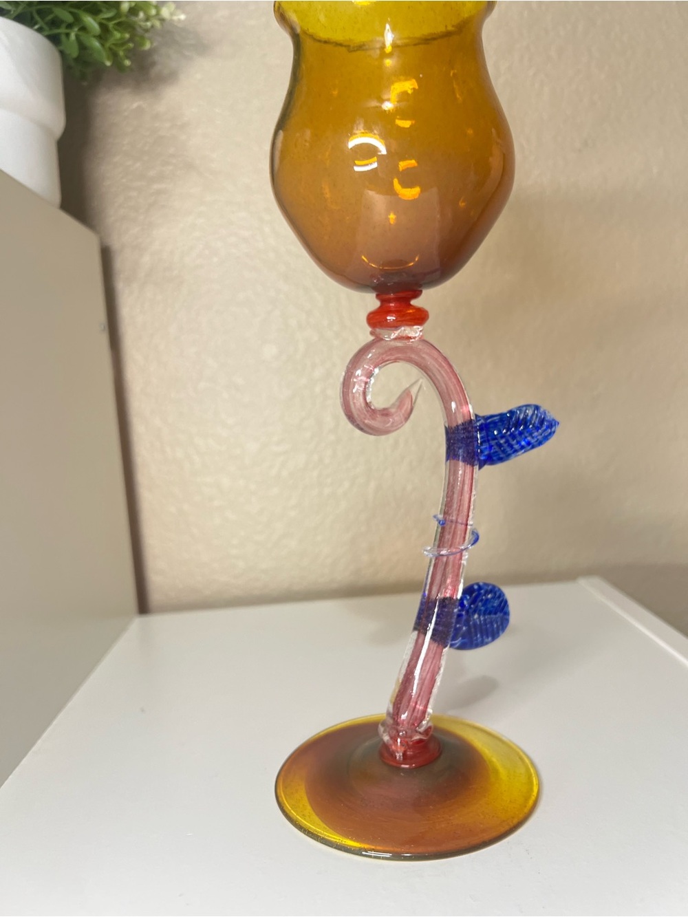 Vintage Signed Hand Blown Art Glass Tulip Vase Chalice Amber Blue 1992